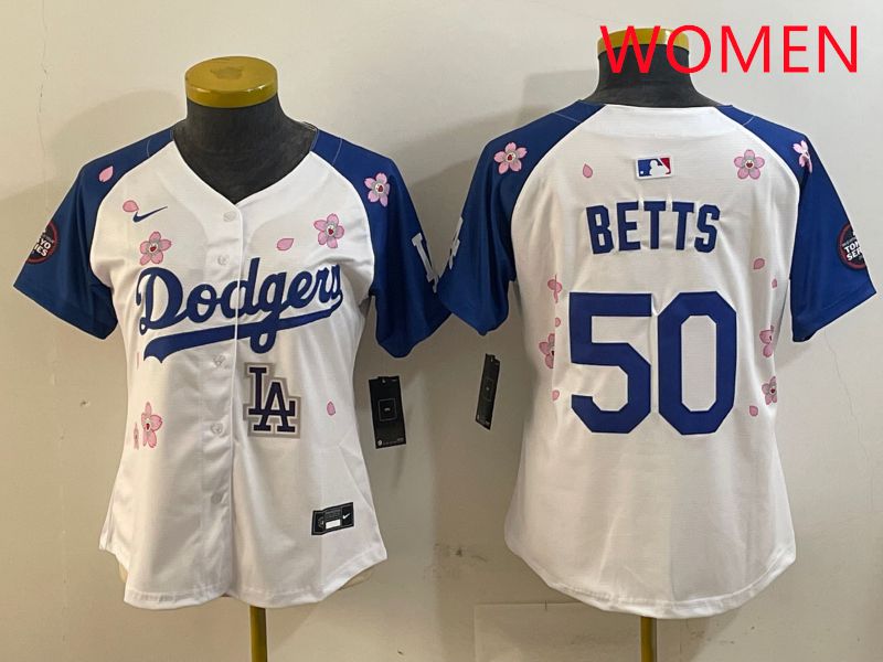 Women Los Angeles Dodgers #50 Betts White Blue Sakura Edition 2025 Nike MLB Jersey style 9